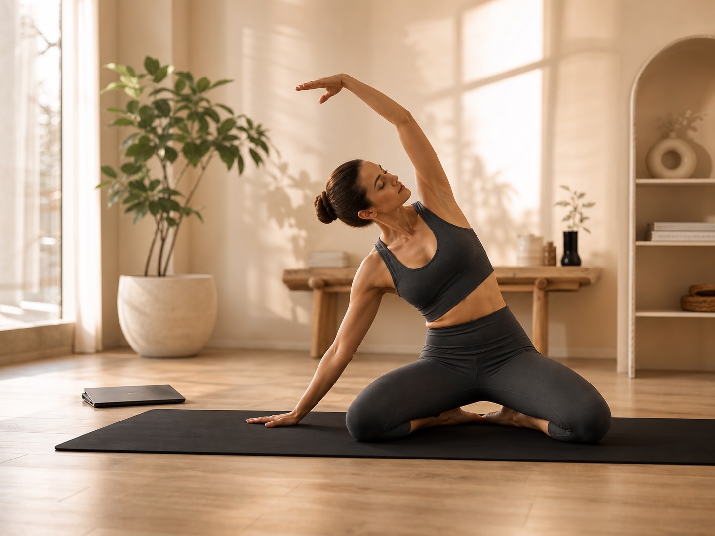 Online mat pilates dersine katılan danışan